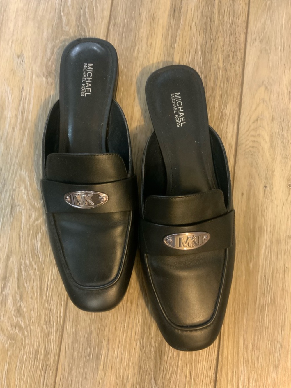 Michael Kors Black Leather Slip-On Mule Loafers with MK Detail